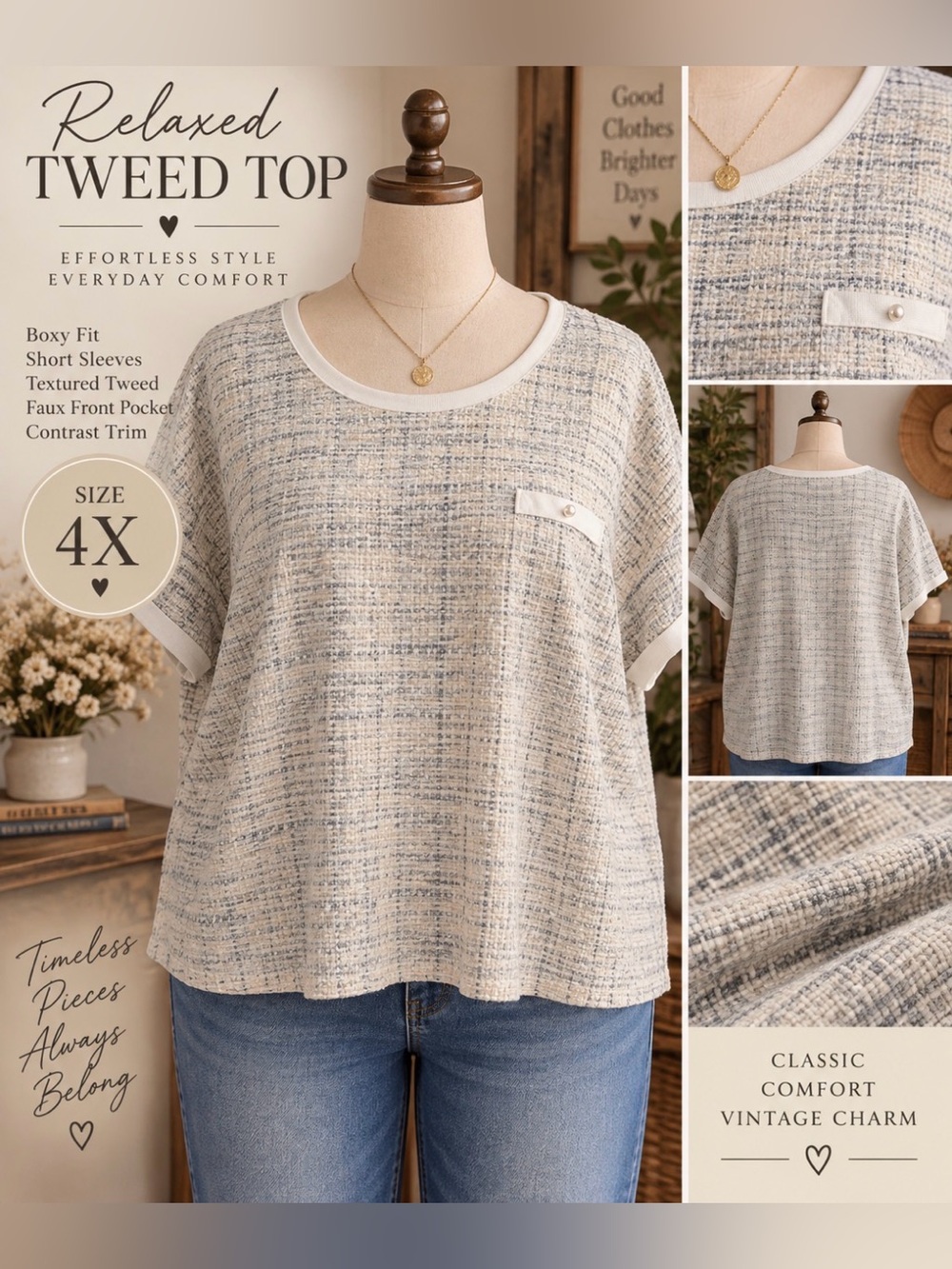 Relaxed Tweed Short-Sleeve Top - Cream & Tan - 4X